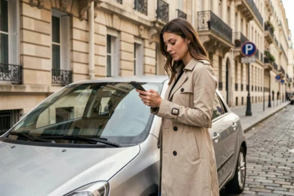 Femme utilisant l'application PayByPhone pour payer son stationnement dans une rue parisienne avec des immeubles haussmanniens en arrière-plan