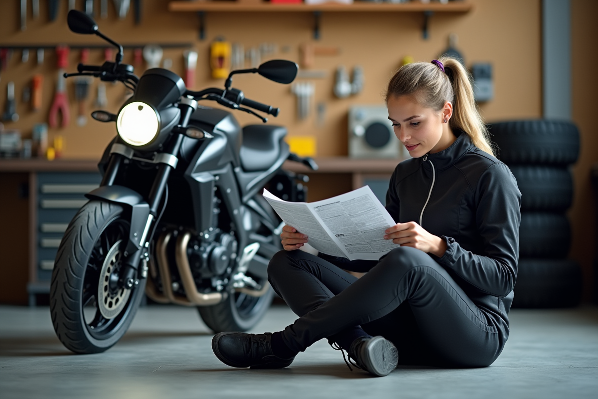 Jeune femme lisant un manuel pour installer un traceur moto