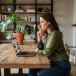 Femme en blouse et jeans recherche avis auto sur son laptop