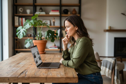 Femme en blouse et jeans recherche avis auto sur son laptop