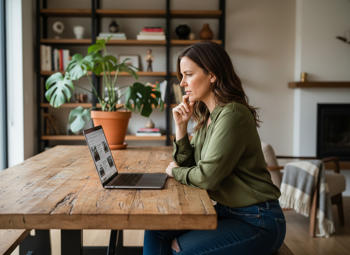 Femme en blouse et jeans recherche avis auto sur son laptop