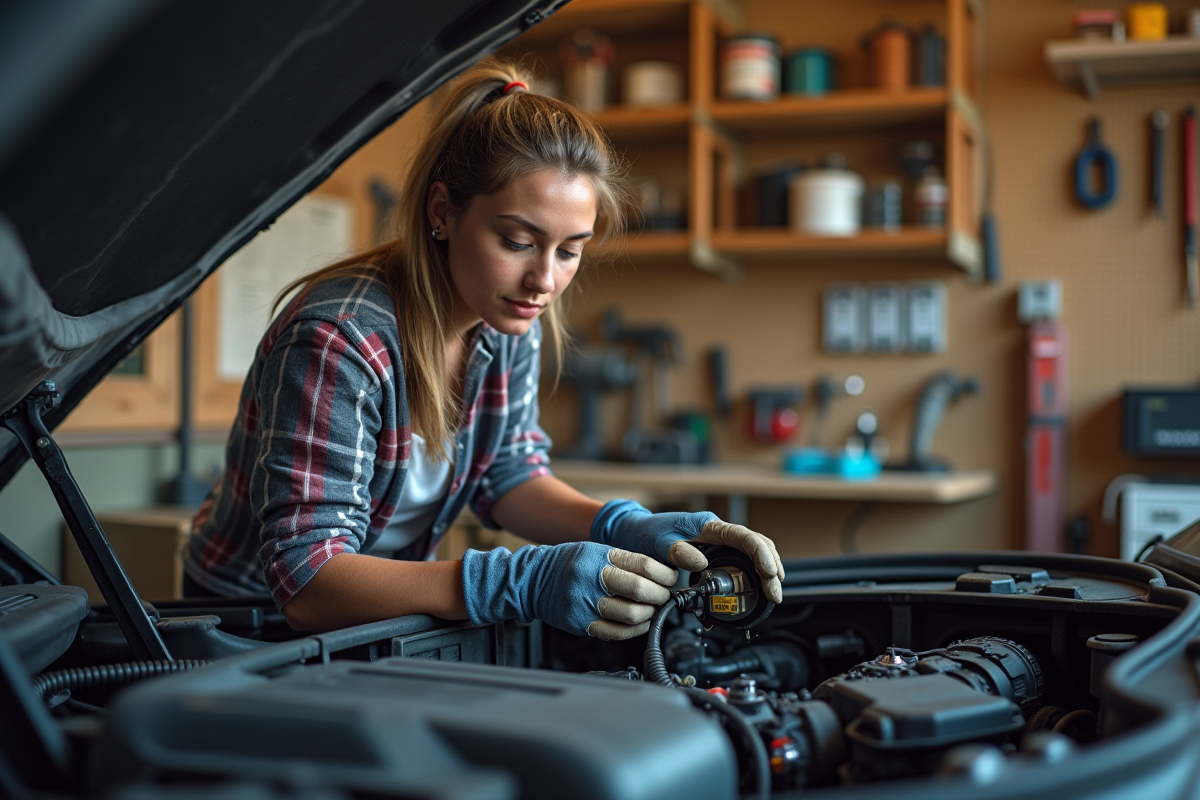 Jeune femme change un EGR dans un garage organisé
