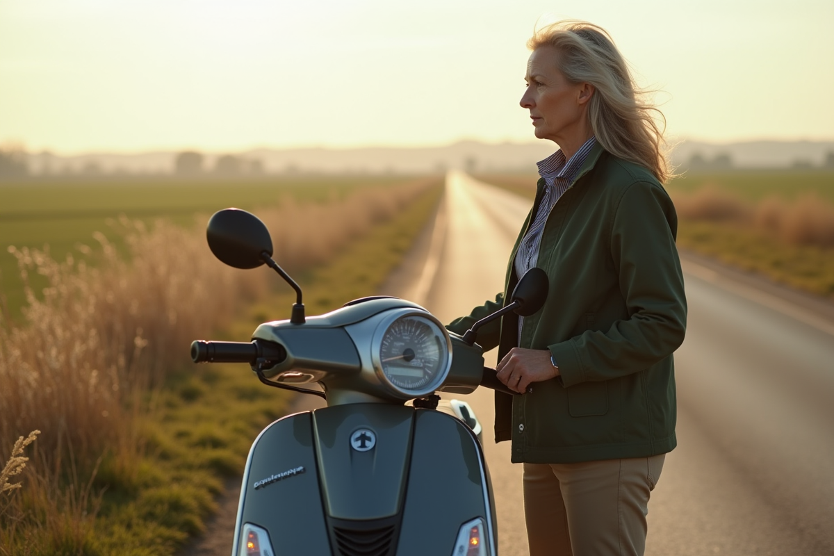 Femme regardant son scooter dans un paysage rural