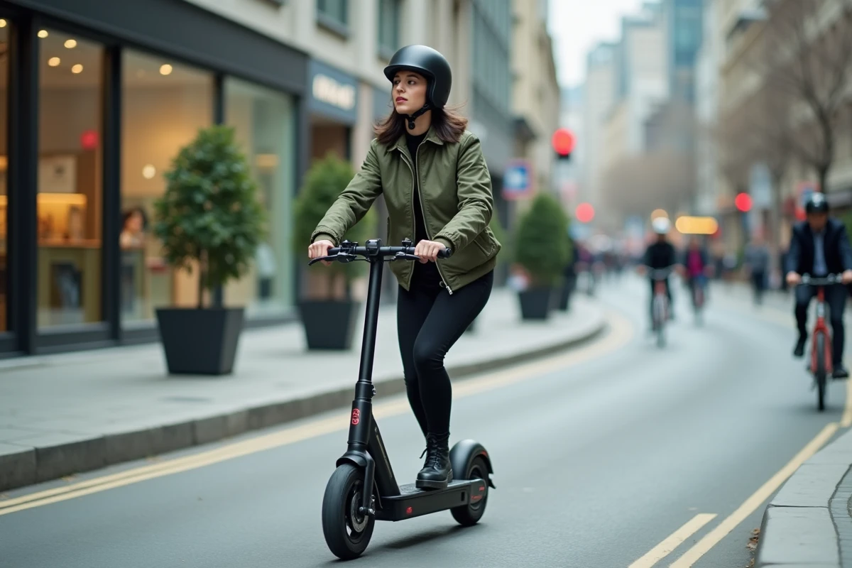 Femme conduisant un scooter électrique autorisé sans permis sur une piste cyclable en centre-ville