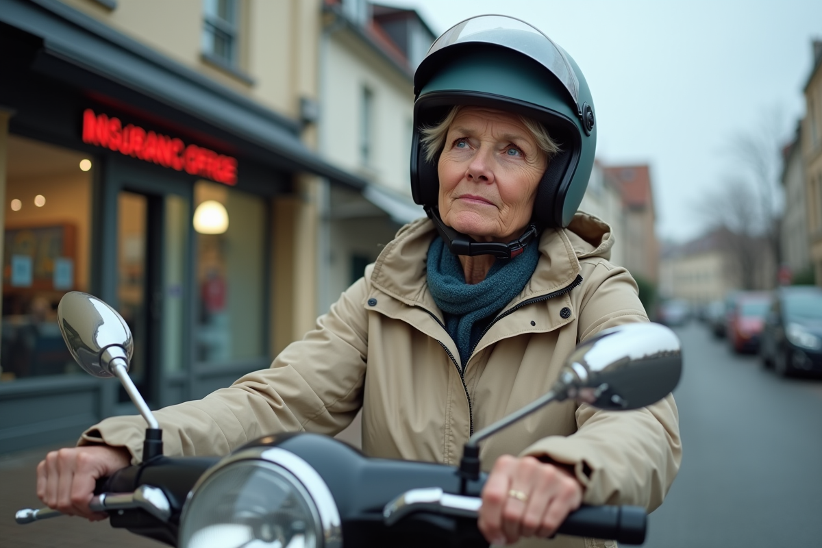 Femme en casque sur scooter devant une agence d