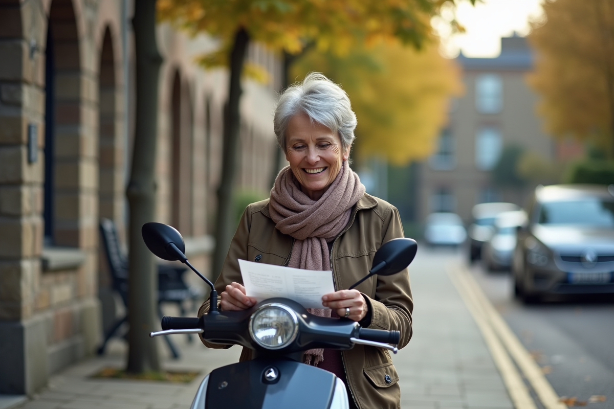 Femme assise sur scooter examinant un reçu dans un quartier résidentiel