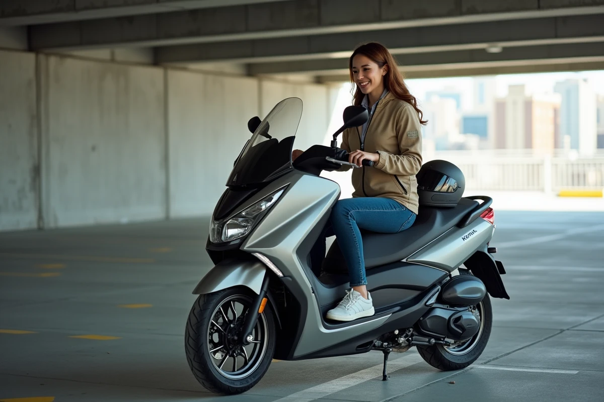 Femme vérifie le tableau de bord de son scooter en ville