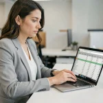 Femme professionnelle utilisant un tableur Excel pour convertir des miles par heure en kilomètres par heure