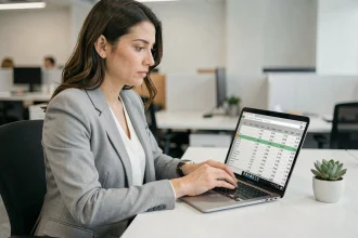 Femme professionnelle utilisant un tableur Excel pour convertir des miles par heure en kilomètres par heure