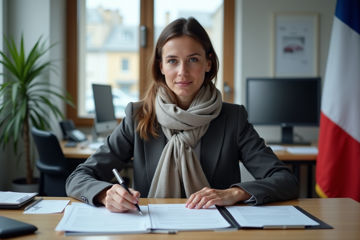 Femme remplissant papier dans un bureau administratif français
