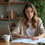Jeune femme concentrée travaillant sur son ordinateur à la maison