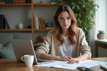 Jeune femme concentrée travaillant sur son ordinateur à la maison
