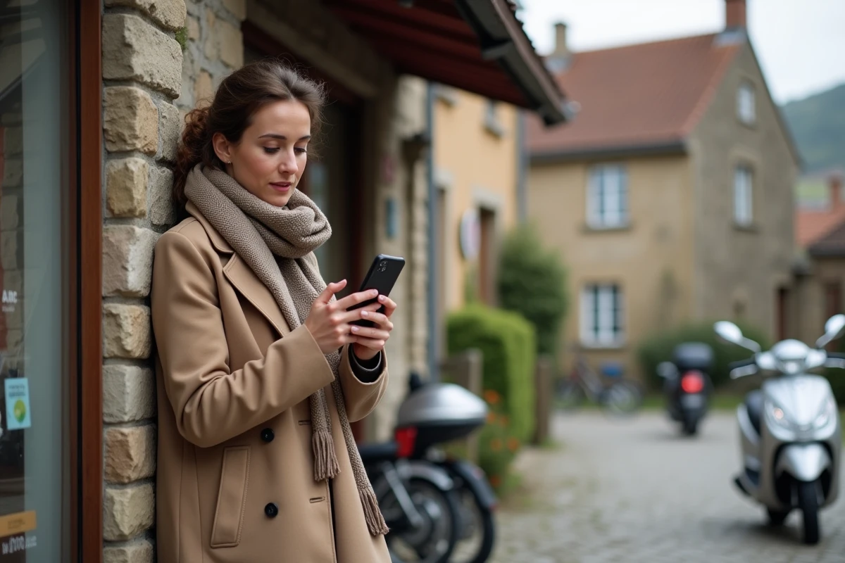Femme dans un village rural français avec scooter