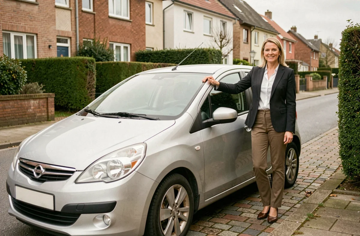 Femme souriante à côté d'une voiture compacte fiable dans un quartier résidentiel européen