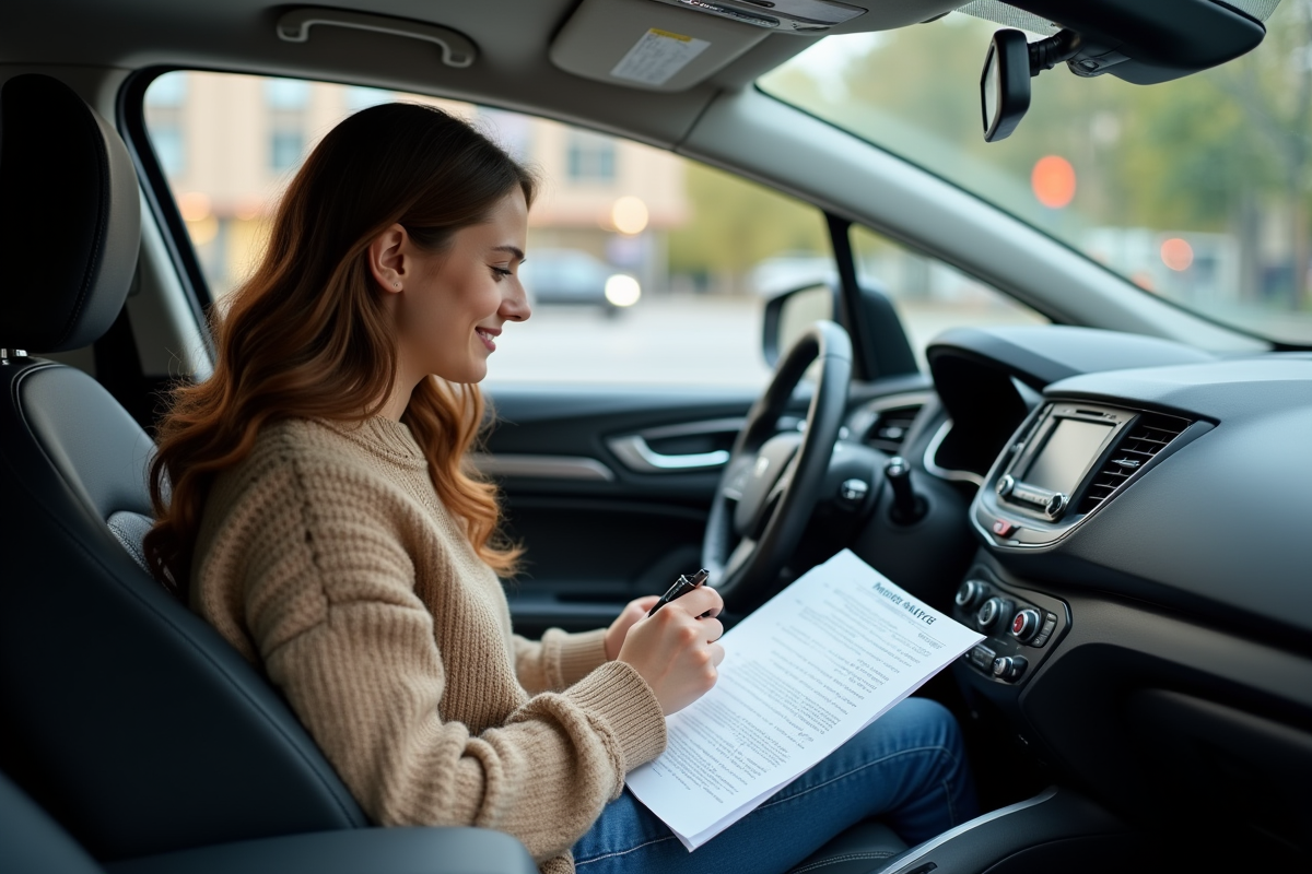Femme dans une voiture vérifiant un document d
