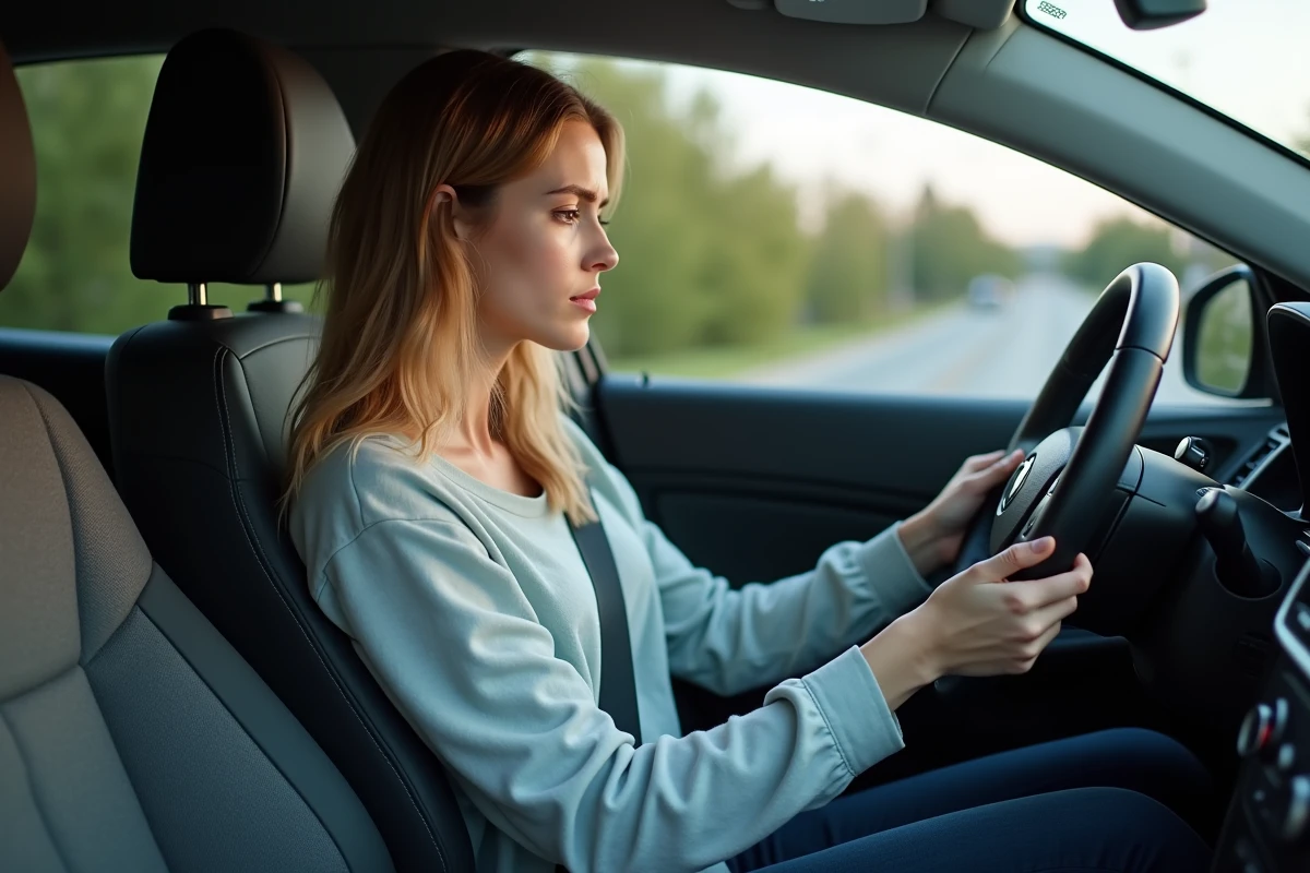 Jeune femme regardant un indicateur moteur dans une voiture
