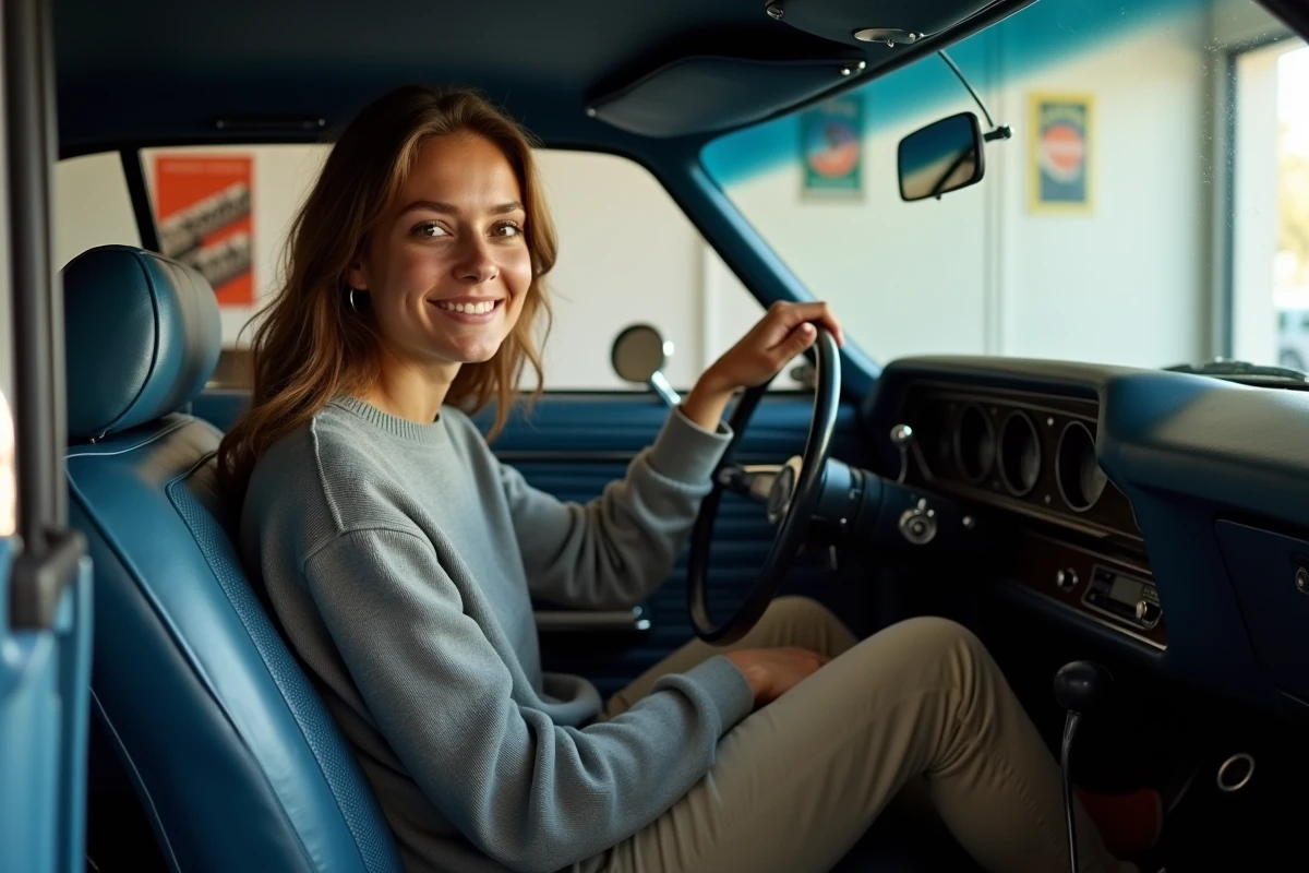 Jeune femme dans une voiture muscle dans un garage moderne
