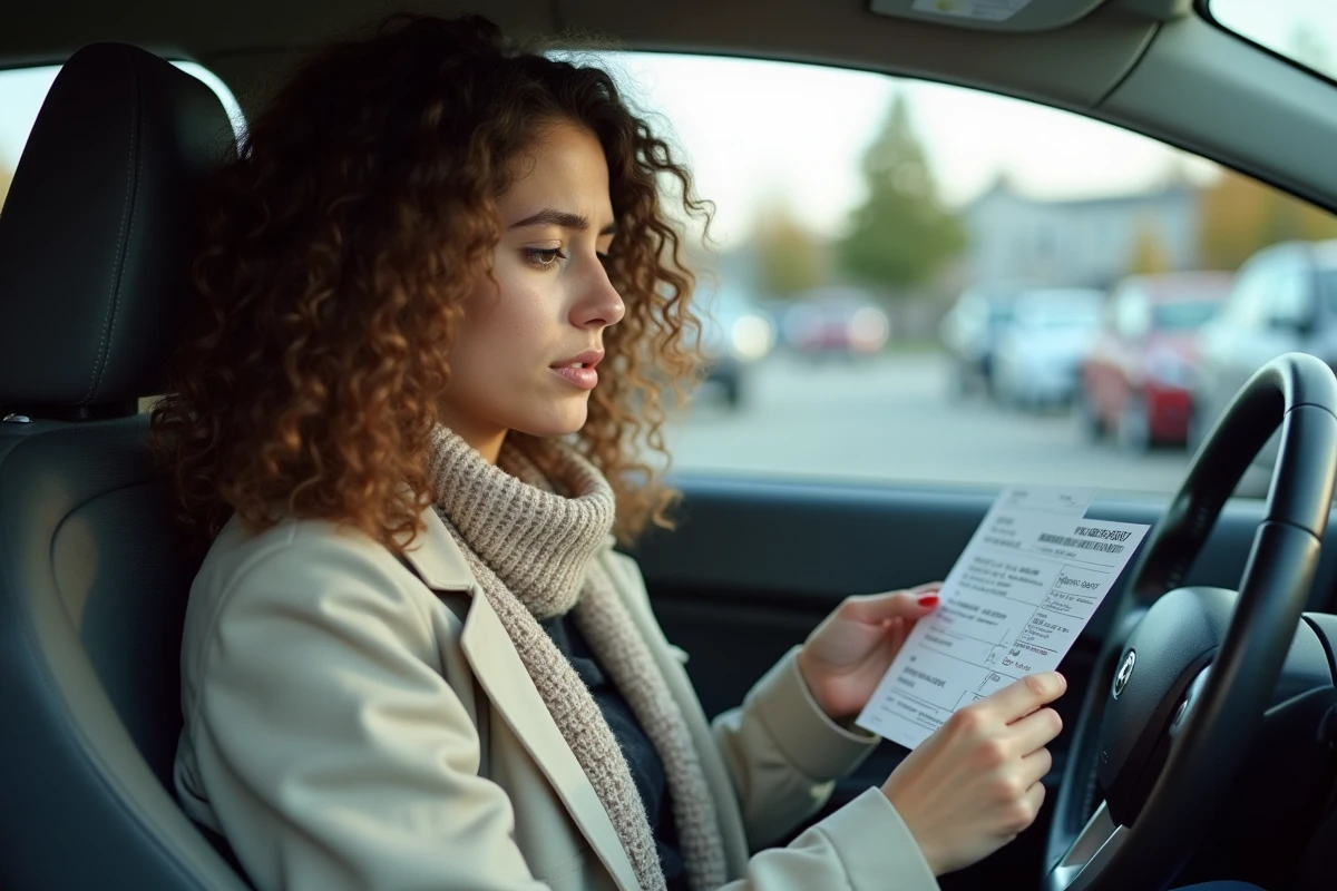 Jeune femme vérifie son ticket de stationnement dans la voiture
