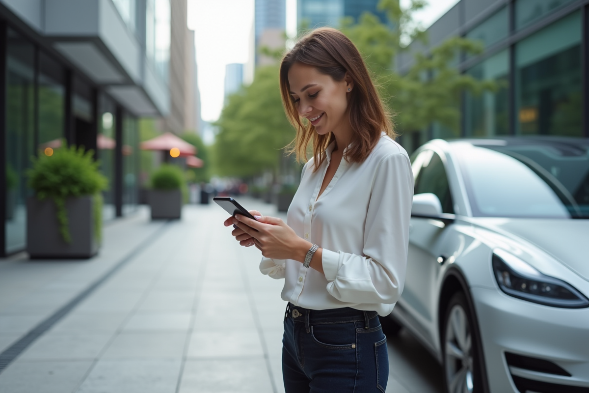 Femme utilisant son smartphone pour déverrouiller sa voiture électrique