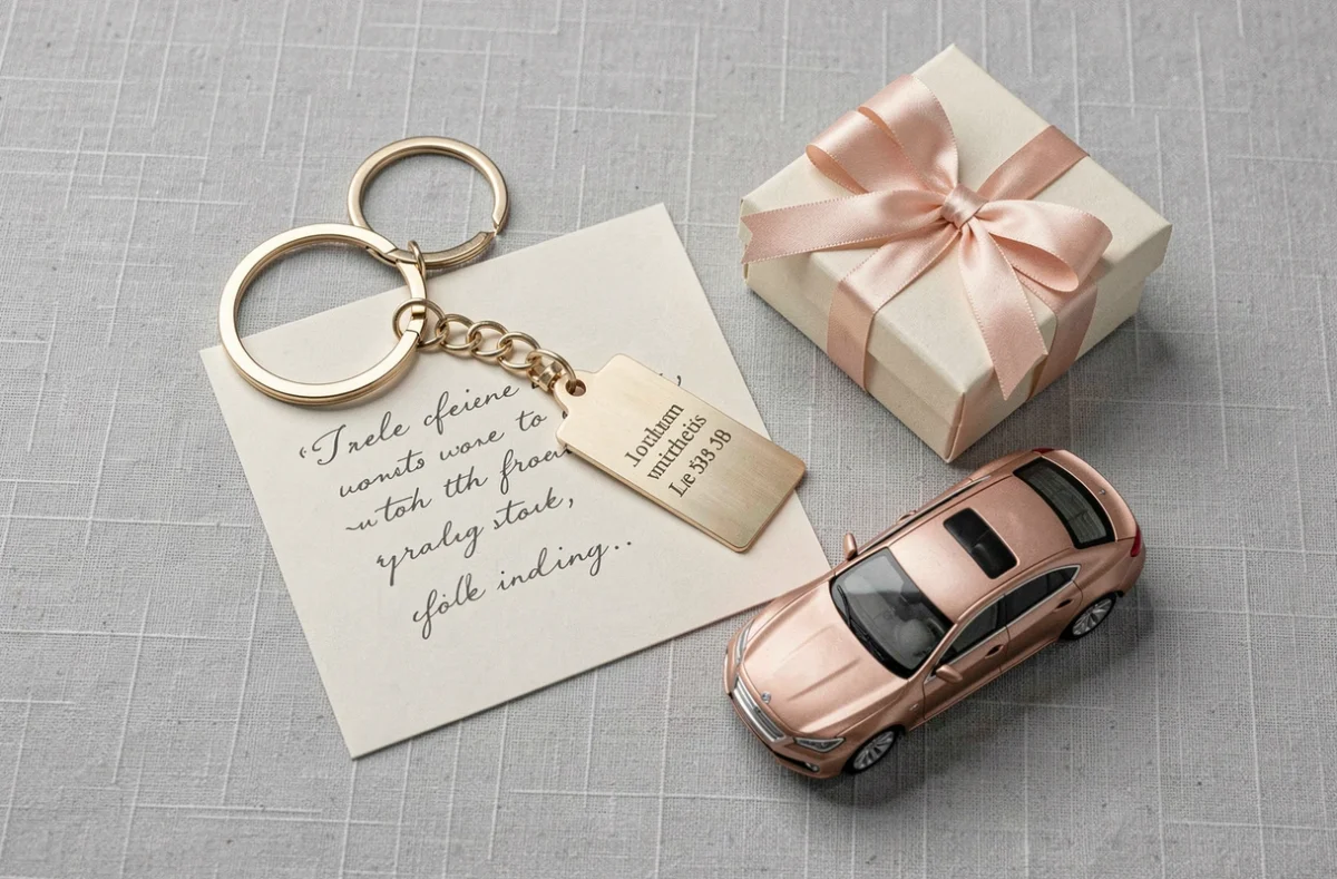 Flat lay élégant d'un cadeau personnalisé pour l'obtention du permis de conduire avec porte-clés gravé et carte de félicitations