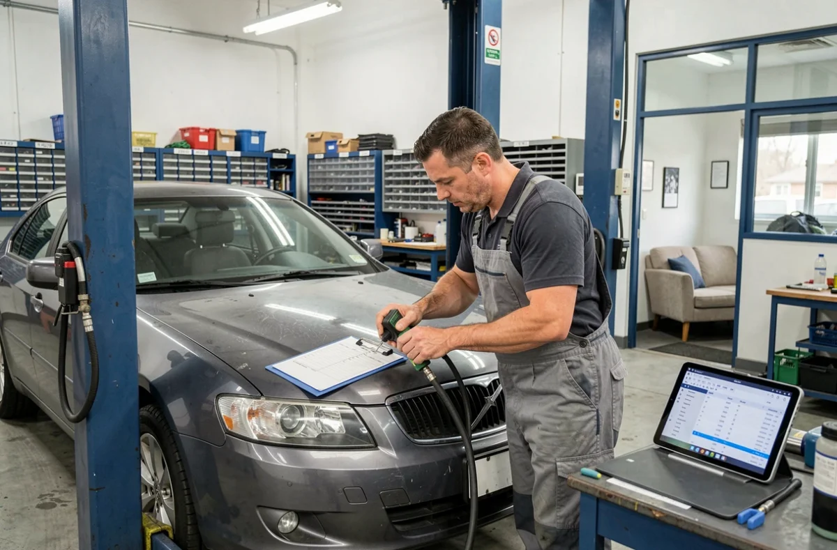 Mécanicien réalisant l'entretien courant d'un véhicule chez Garage Auto Pinto Saint Jean