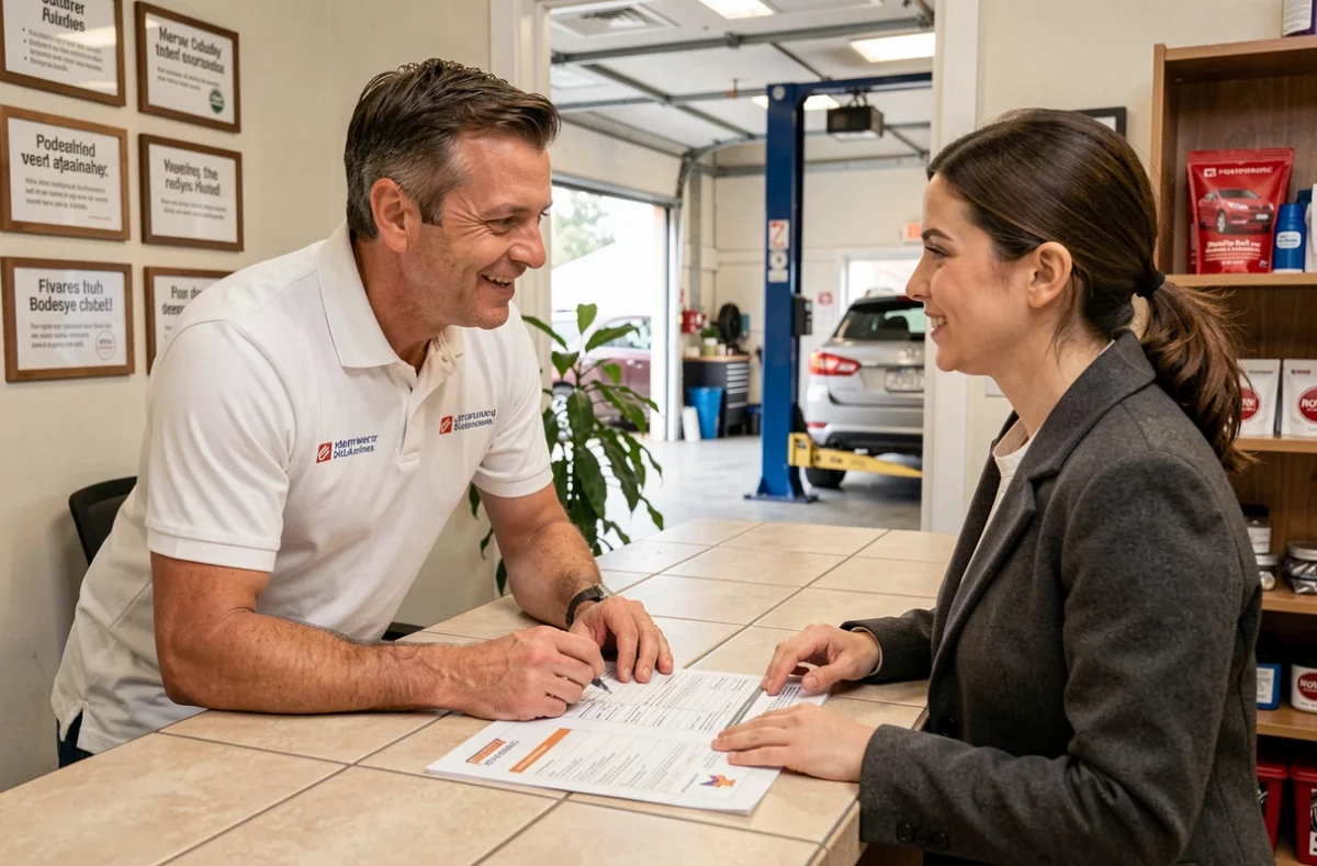 Conseiller du Garage Carlos en discussion personnalisée avec une cliente au comptoir de réception