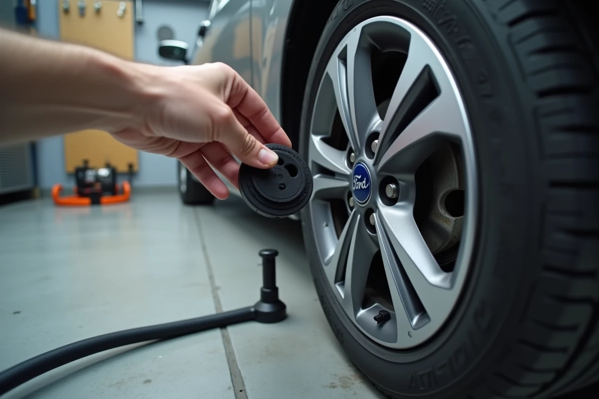 Gros plan sur la valve d'un pneu de Ford Fiesta lors du gonflage avec un compresseur portable en garage