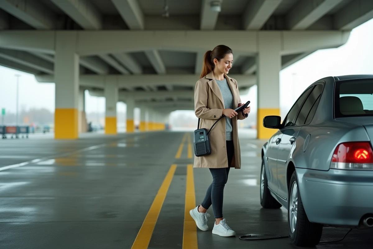 Femme utilisant un gonfleur portable électrique dans un parking de supermarché pour vérifier la pression de ses pneus