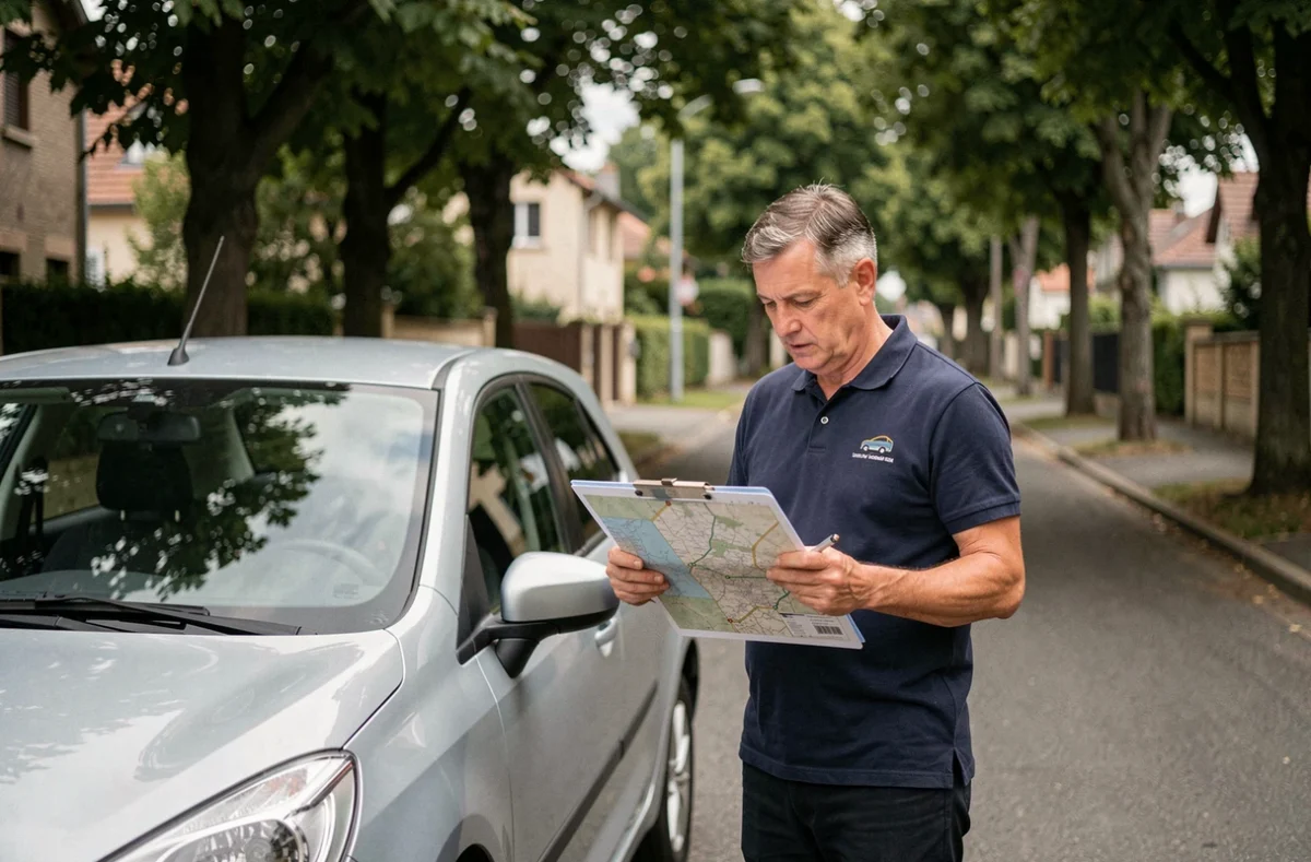 Moniteur de l'auto-école Goudon Bernard debout près d'un véhicule dans une rue calme de Grigny dans le Rhône