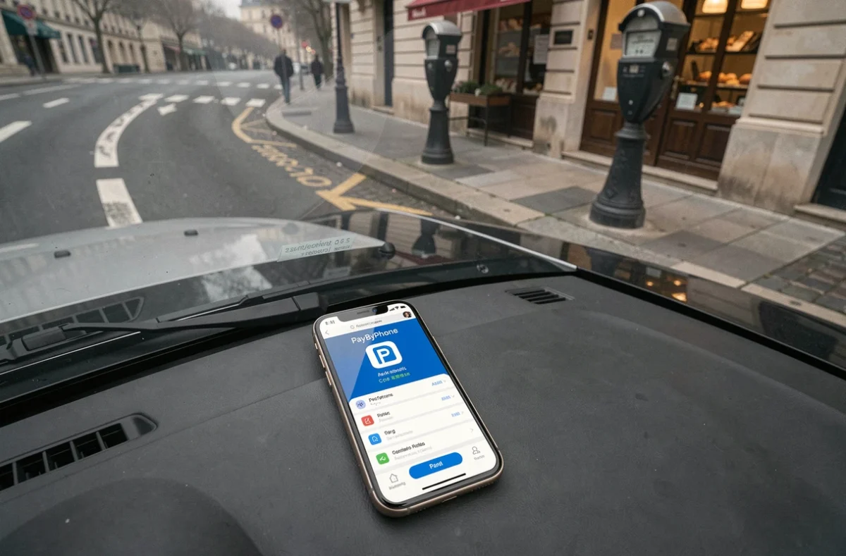 Gros plan sur un smartphone affichant l'application PayByPhone posé sur le tableau de bord d'une voiture garée dans une rue de Paris avec une boulangerie visible en arrière-plan