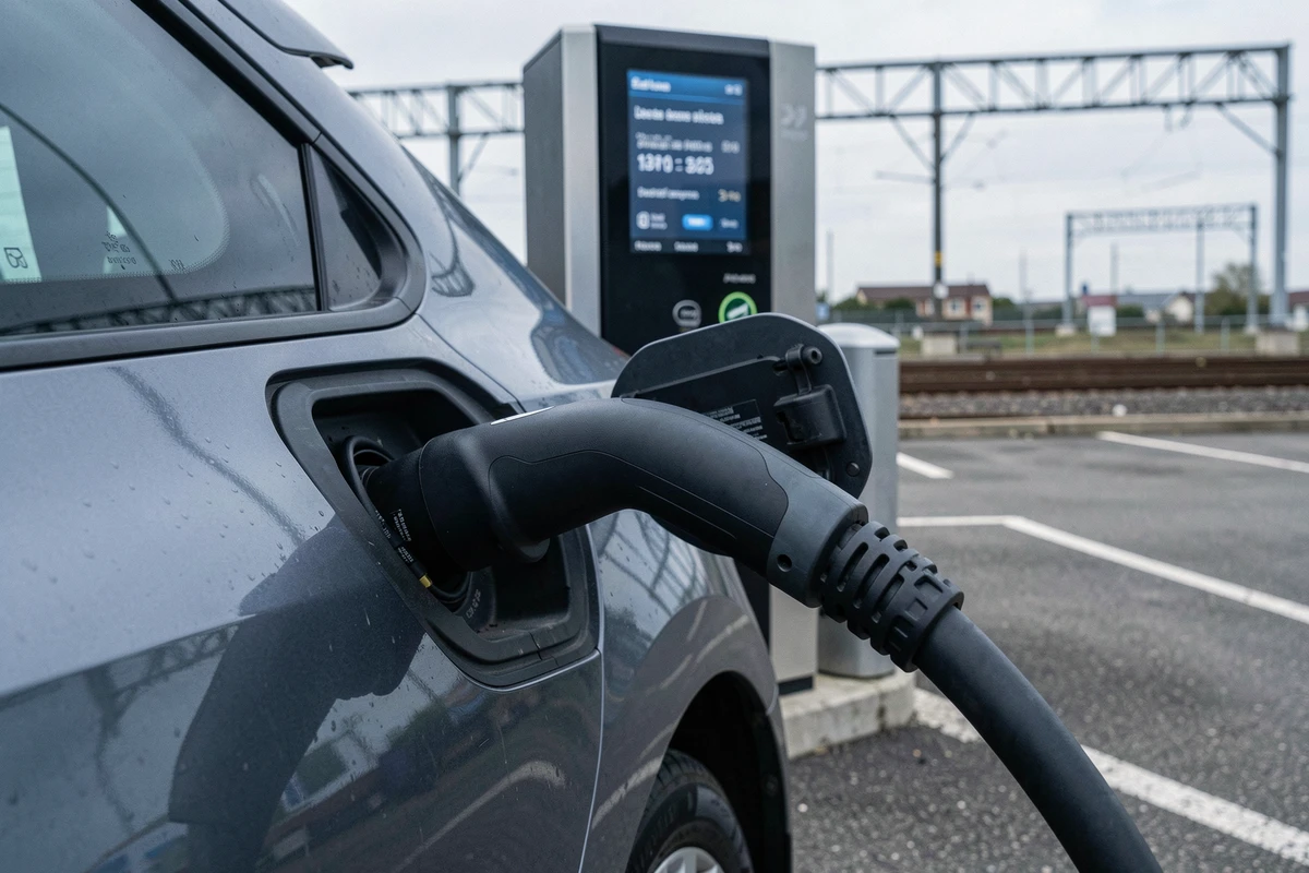 Gros plan sur un connecteur de recharge électrique branché sur une voiture près de la gare de Valence