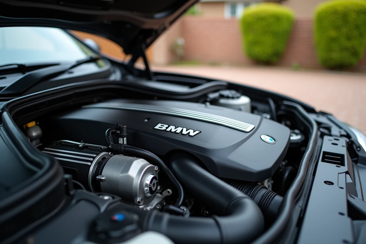 Gros plan sur le moteur diesel BMW B47 ouvert avec turbocompresseur visible