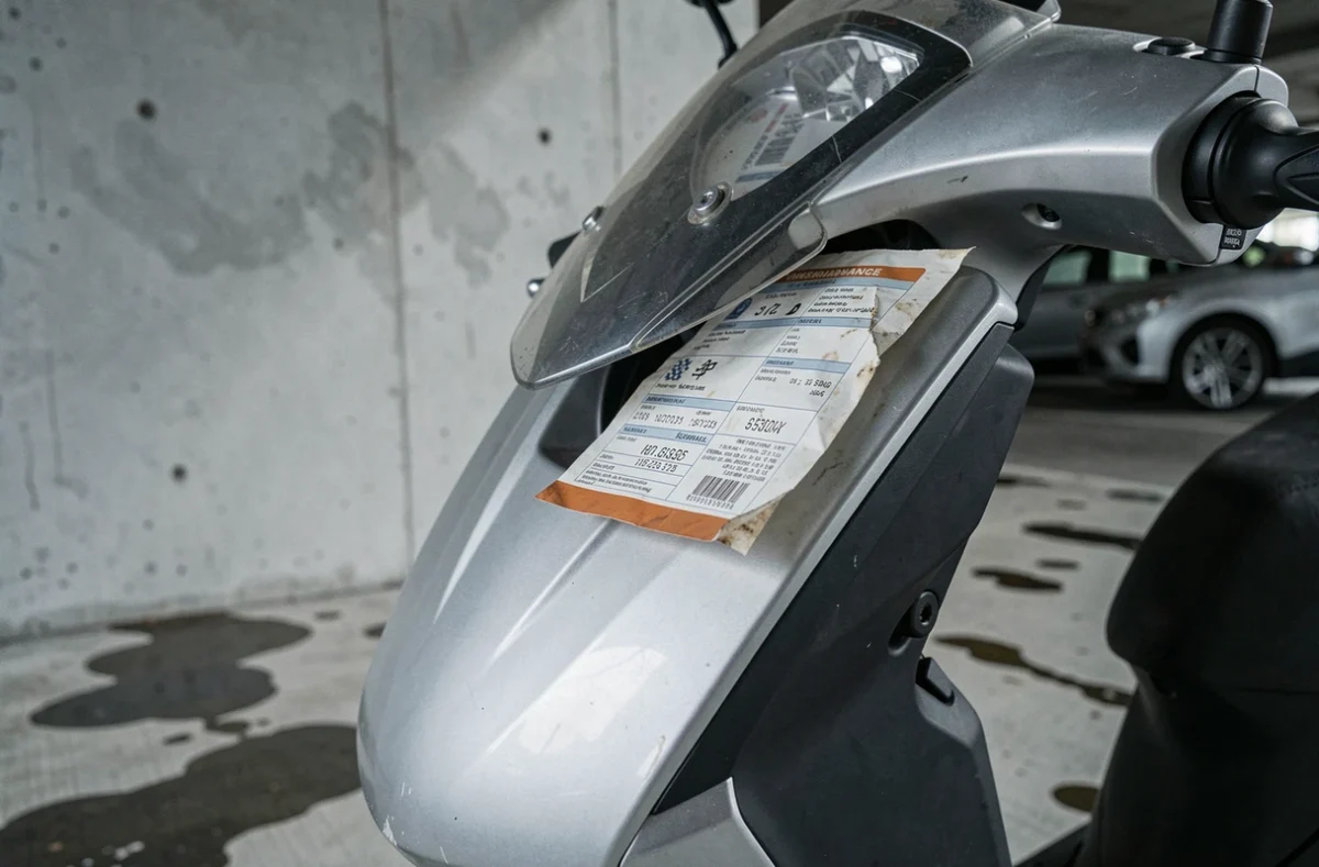 Gros plan sur le guidon d'un scooter avec un document d'assurance périmé glissé sous le pare-brise