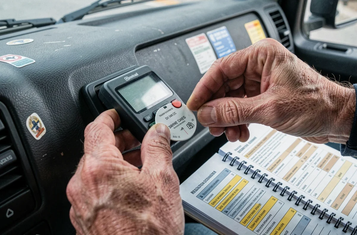 Gros plan sur les mains d'un routier insérant un disque tachygraphe avec un tableau réglementaire des temps de conduite ouvert