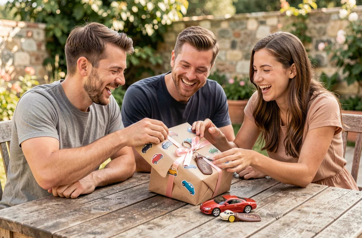 Groupe d'amis fêtant l'obtention du permis de conduire avec un cadeau personnalisé sur une terrasse extérieure