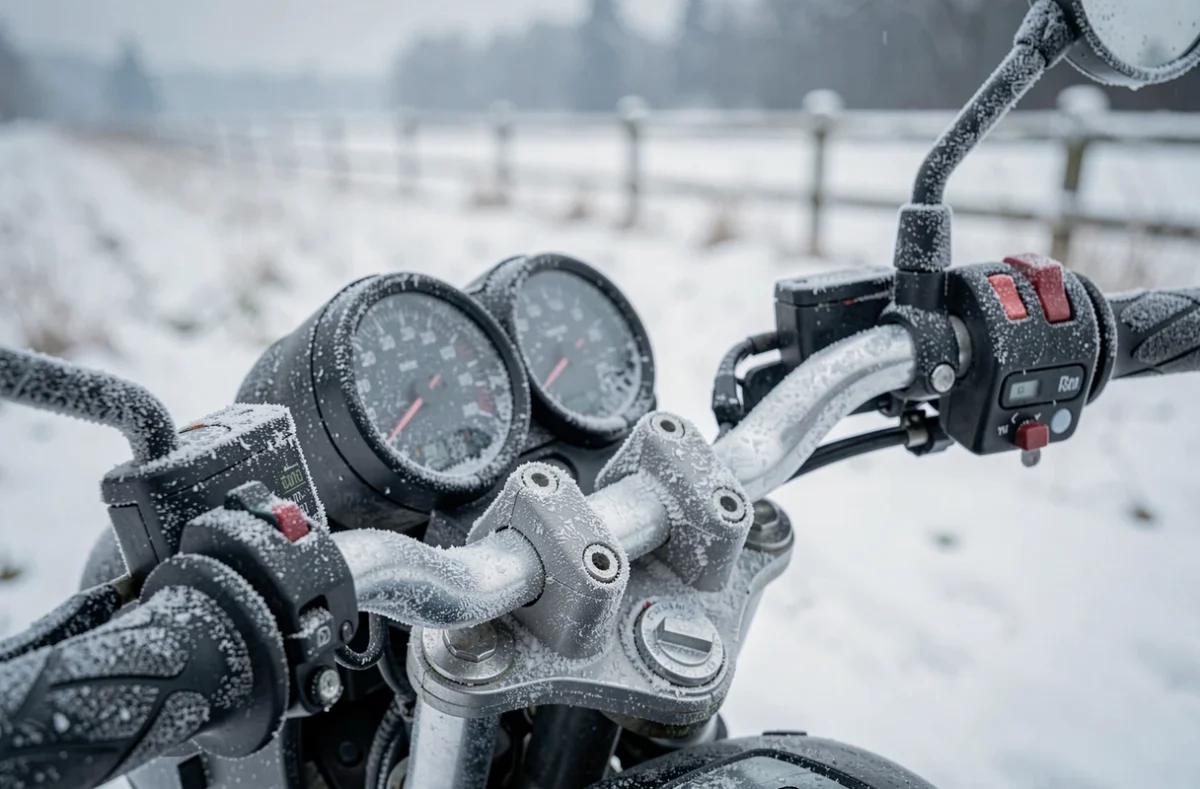 Guidon de moto recouvert de givre en hiver, détail illustrant l'importance de l'assurance hivernale