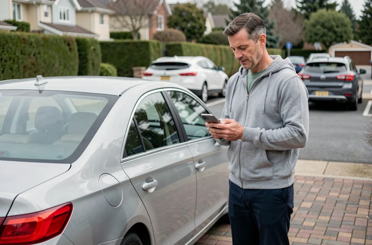 Homme consultant une application de comparaison d'assurance auto sur smartphone devant sa voiture dans une allée résidentielle