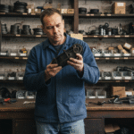 Homme d'âge moyen examinant une pièce auto dans un atelier