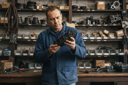 Homme d'âge moyen examinant une pièce auto dans un atelier