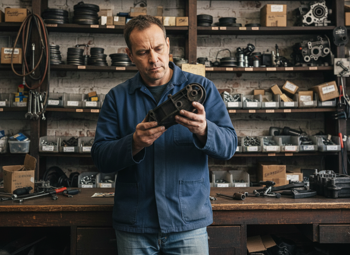Homme d'âge moyen examinant une pièce auto dans un atelier