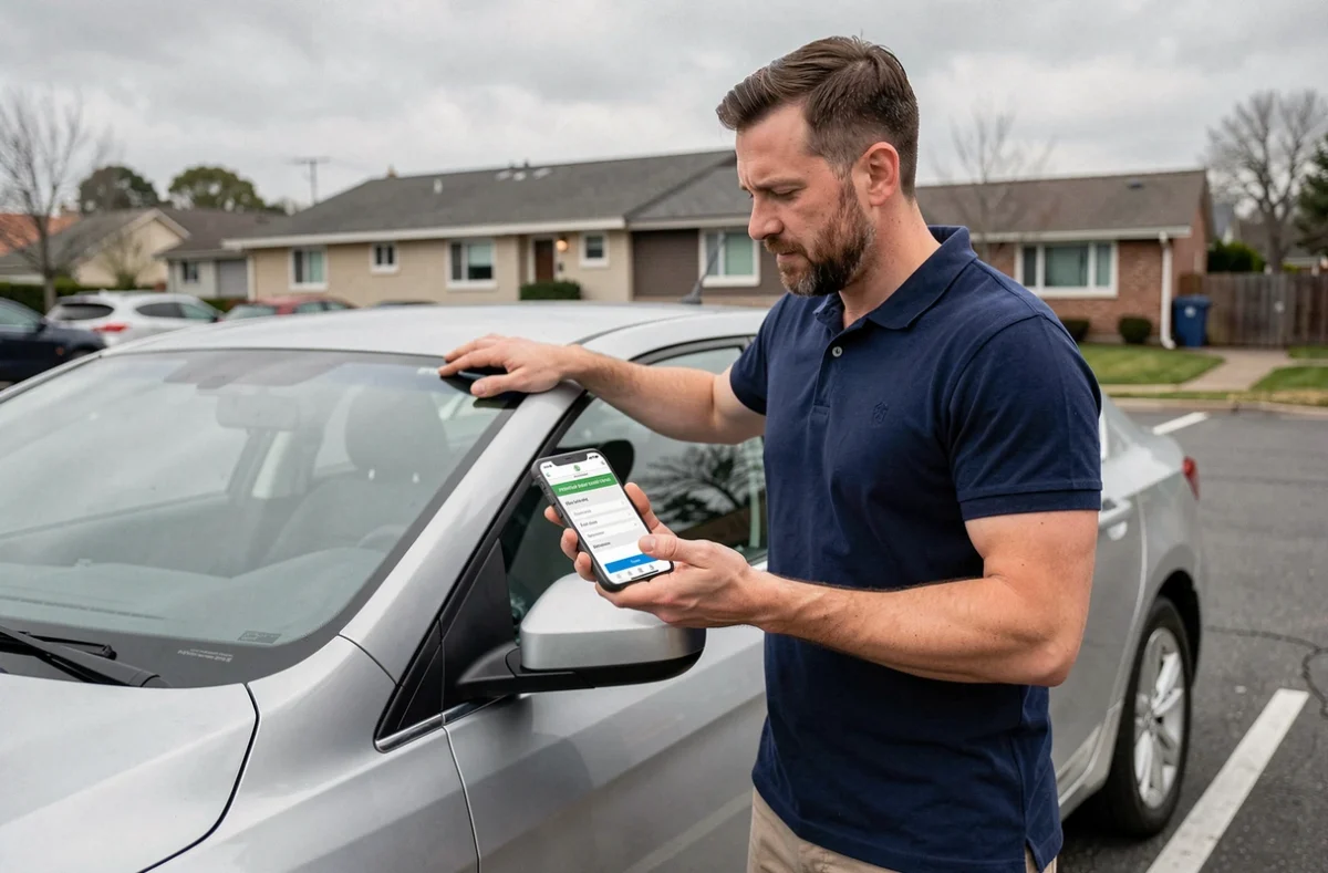 Homme vérifiant le prix de la carte grise en ligne depuis son smartphone près de sa voiture