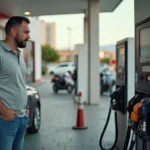 Homme d'âge moyen examine le prix du carburant à la station Mille