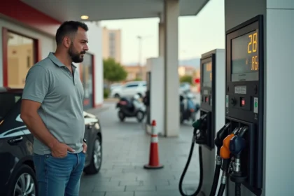 Homme d'âge moyen examine le prix du carburant à la station Mille