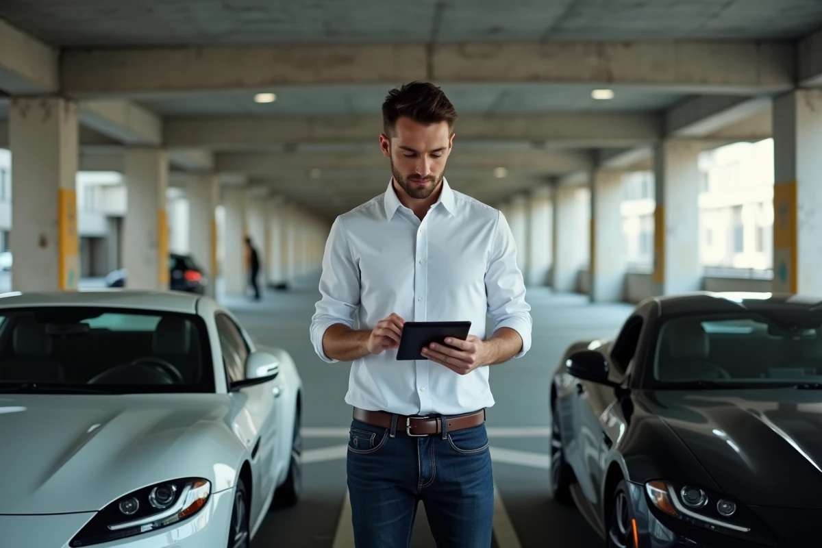 Homme comparant deux voitures sportives sur une tablette dans un parking urbain, processus de sélection automobile assisté par un guide en ligne