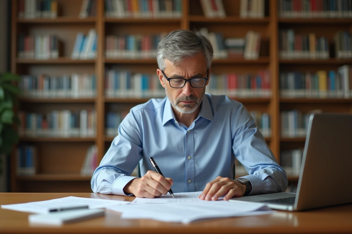 Homme concentré étudiant un examen de conduite à la bibliothèque