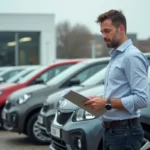 Homme examinant un véhicule neuf à 5000 euros dans un parking de concessionnaire automobile