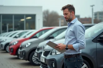Homme examinant un véhicule neuf à 5000 euros dans un parking de concessionnaire automobile