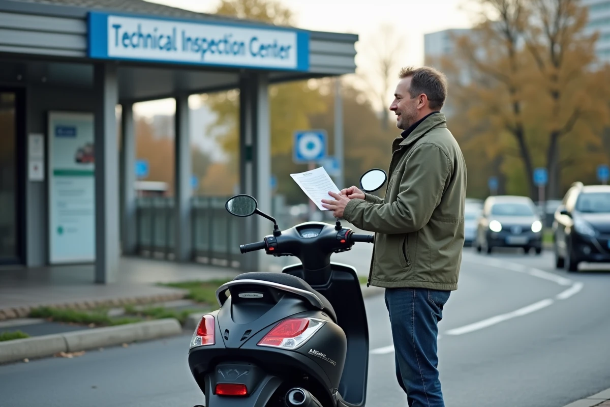 Homme tenant une confirmation de réservation de contrôle technique devant un centre d'inspection scooter