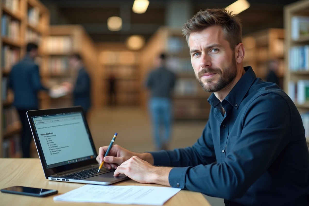 Homme consultant un PDF de vérification de permis de conduire sur son ordinateur portable dans une bibliothèque moderne avec des notes imprimées