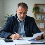 Homme d'âge moyen vérifiant un formulaire d'assurance voiture